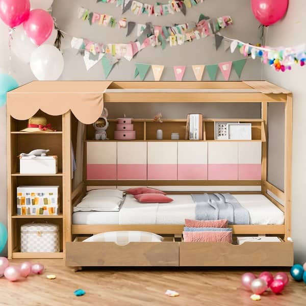 slide 2 of 9, Modern Full size House Bed with Two Drawers and Built-in Wardrobe,Storage Spaces for Bedroom Natural