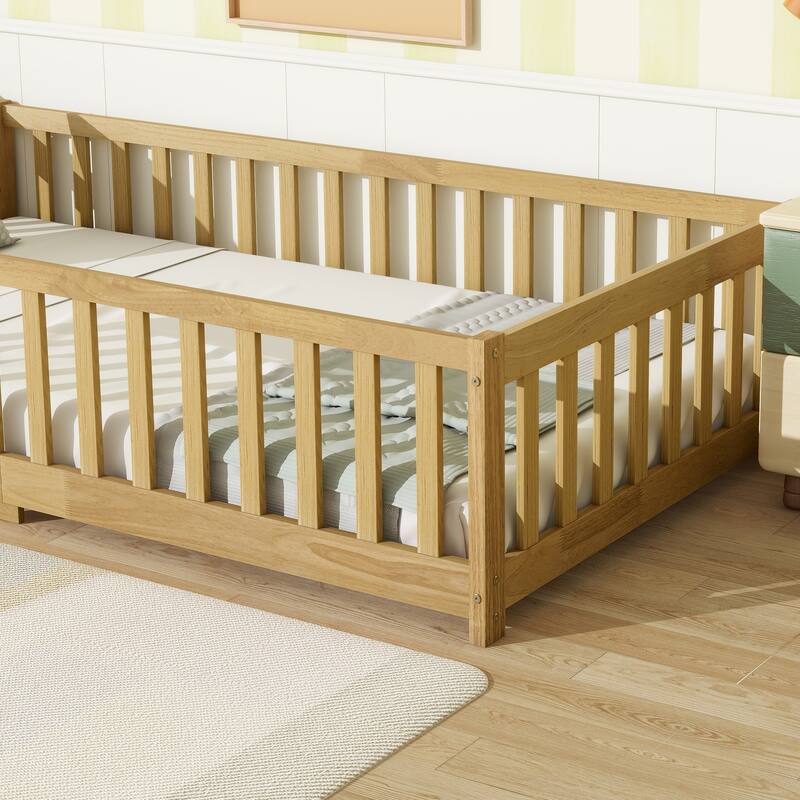 Twin Size Rubber Wood Floor Panel Bed with Safety Fence - No Door Version