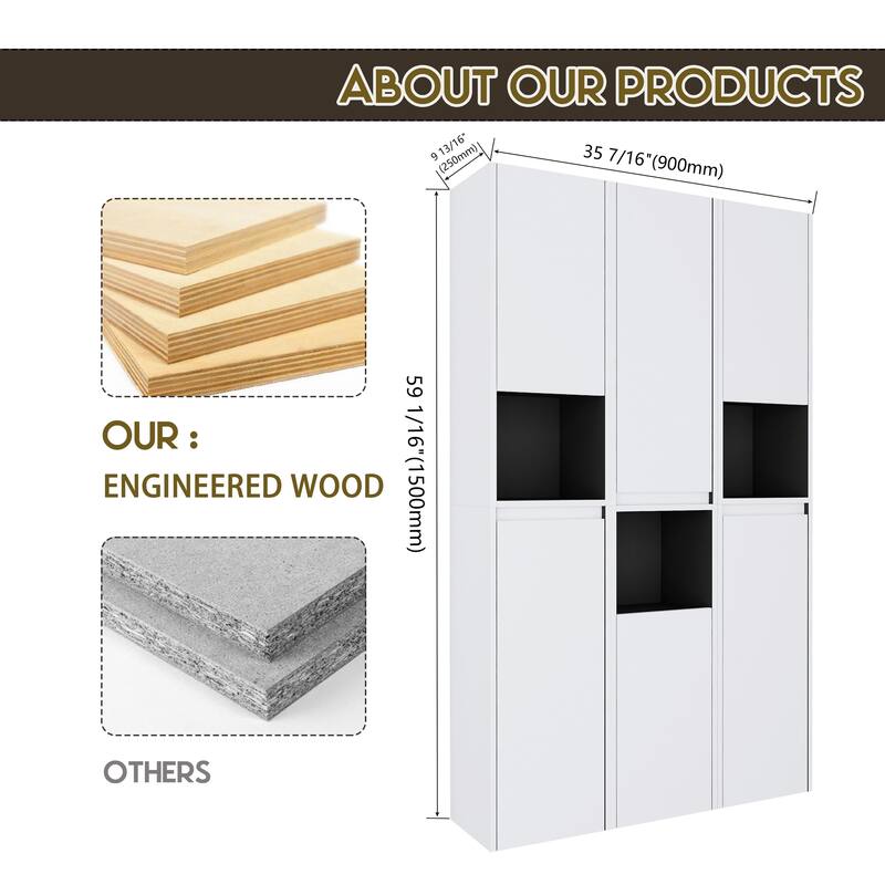 Modern Wall-Mounted Bathroom Side Cabinet with Soft-Close Doors, Floating Design, 6 Storage Compartments, 12-Inch Width