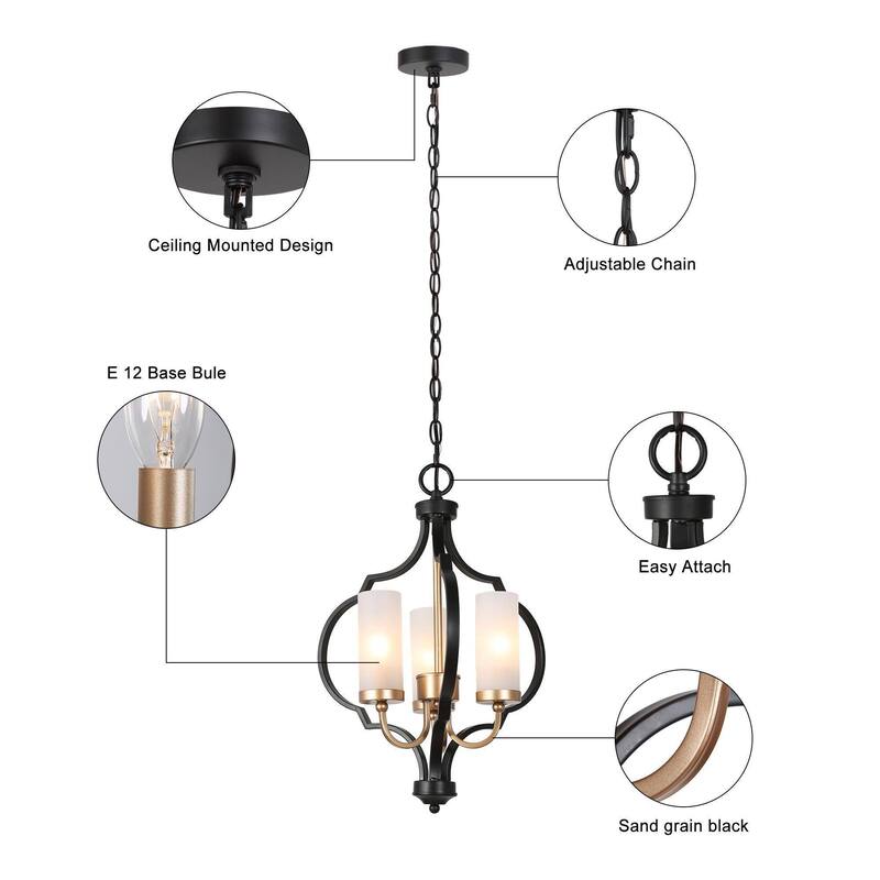 Malryn Modern 3-Light Black Gold Chandelier Frosted Glass Kitchen Island Lights