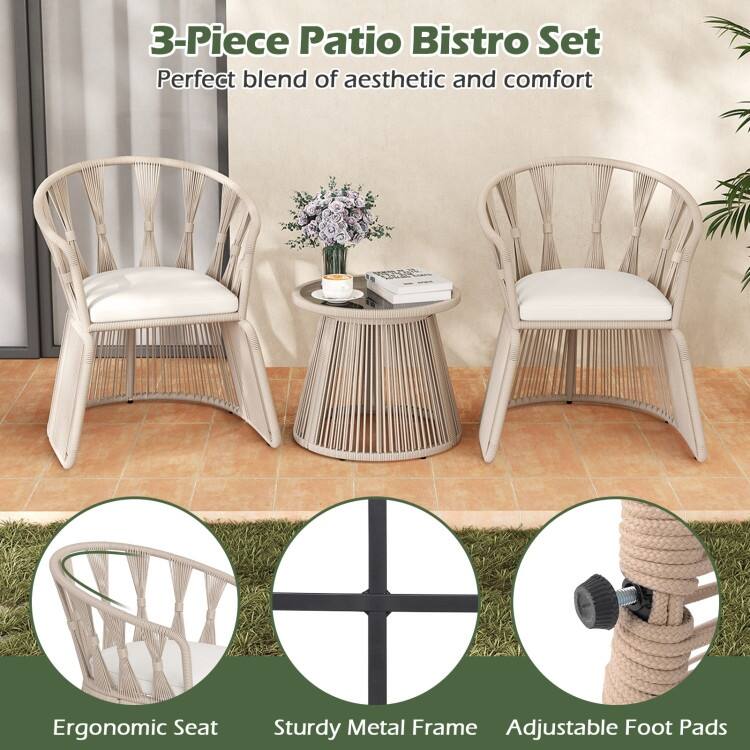 3 Piece Beige Rope Woven Metal Patio Bistro Set with Off White Cushions and Table - Chair: 27.5" x 25.5" x 31" (L x W x H)
