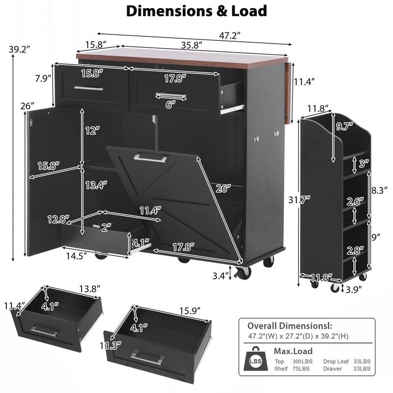 Kitchen Island with Drop Leaf, Kitchen Storage Island with Removable Side Racks, Two Drawers
