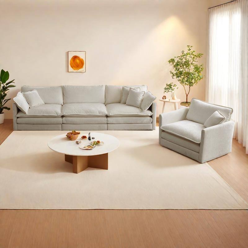 4-Seat Chenille Sectional Sofa Set (3-Seater + Accent Chair) with Deep Seats & Solid Wood Frame - Beige