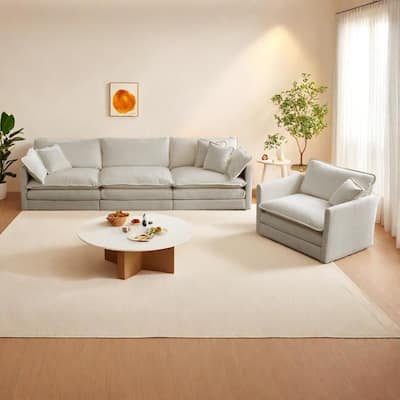 4-Seat Chenille Sectional Sofa Set (3-Seater + Accent Chair) with Deep Seats & Solid Wood Frame