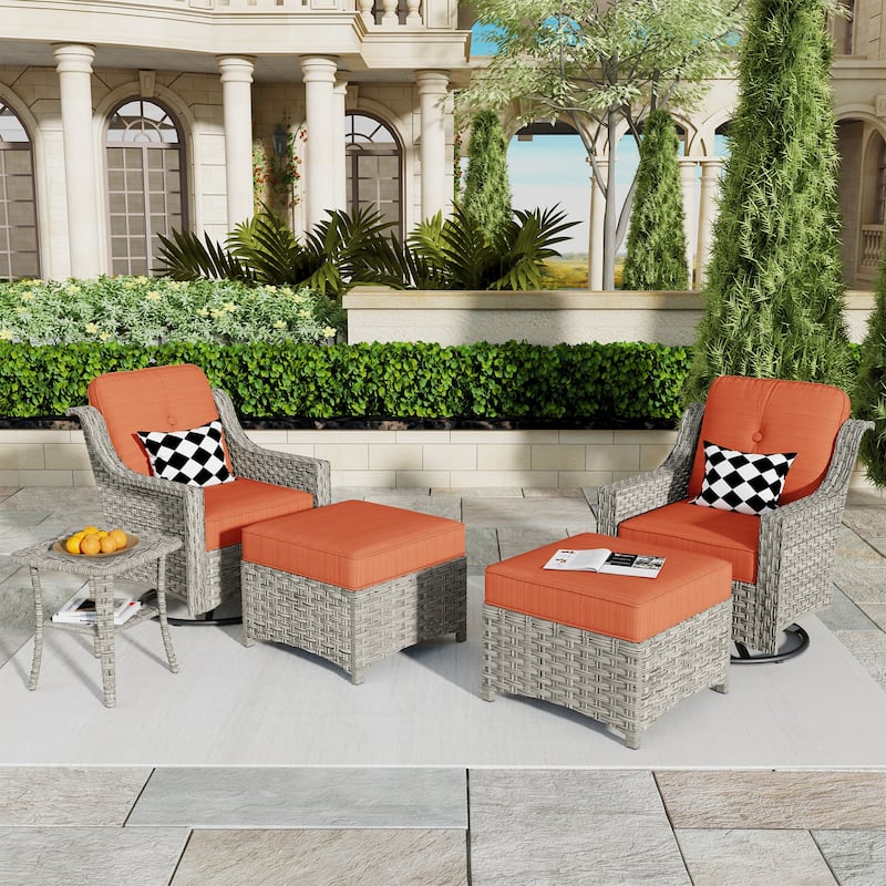 HOOOWOOO 5-piece Rattan Outdoor Furniture Patio Swivel Chair Chat Set with Ottoman - Red/Orange