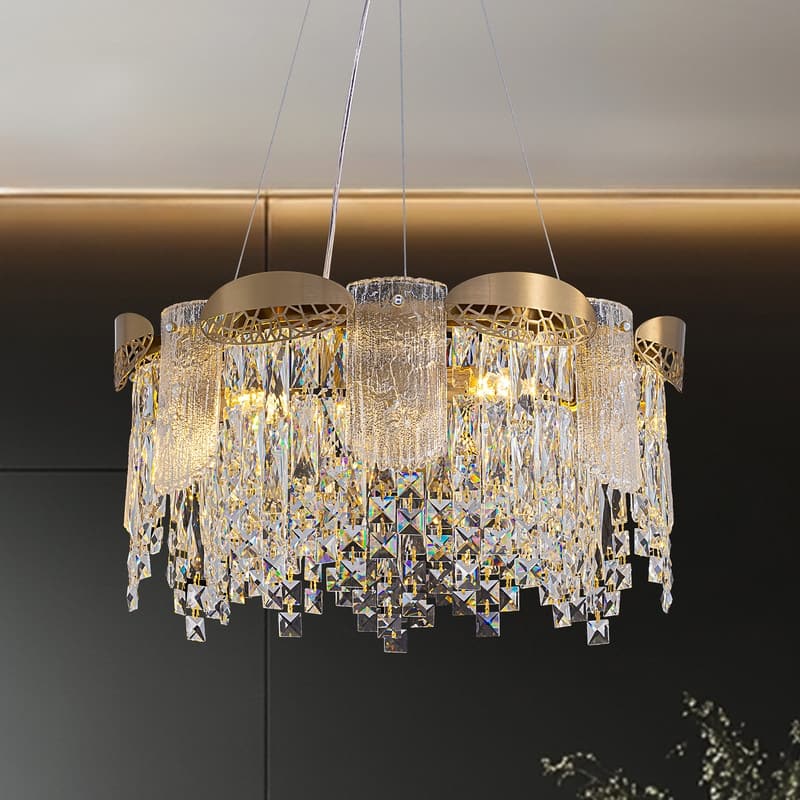 27 in. Modern Crystal Chandelier 12-Light 3-Tier Glam Pendant Light Kitchen Island for Bedroom Living Dining Room - Brass