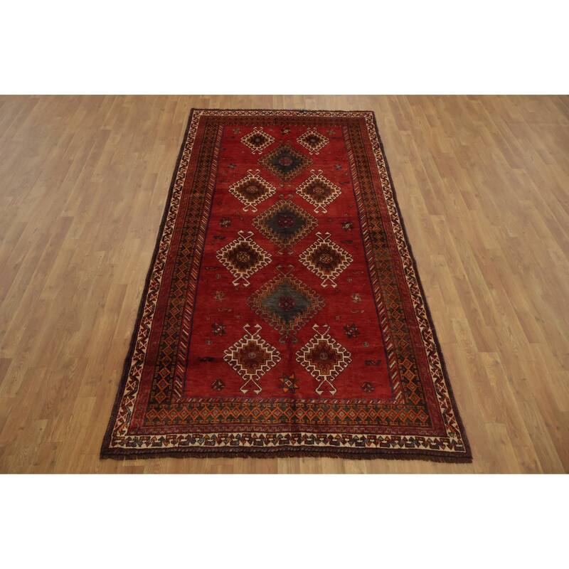Hand Knotted Oriental 100% Wool Carpet Traditional Tribal Red Qashqai Area Rug - 9' 1'' X 4' 8''