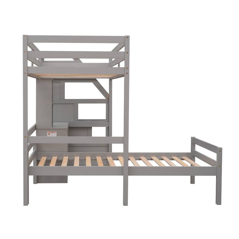 Space-Saving Twin Loft Bed with Stand-Alone Bed, Storage Stairs, Desk and Shelves, Gray