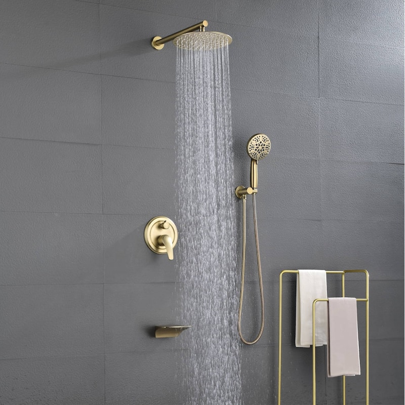 Wall Mount Tub Shower Faucet With Hand Shower Rainfall Shower System Set With Tub Spout Pressure Balance 10 Inch Shower Head Set