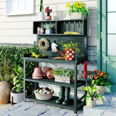 Potting Bench Table w/ 4 Storage Shelves Side Hook, 65" Large Patio Workstation, Garden Potting Bench w/ Splash Plate
