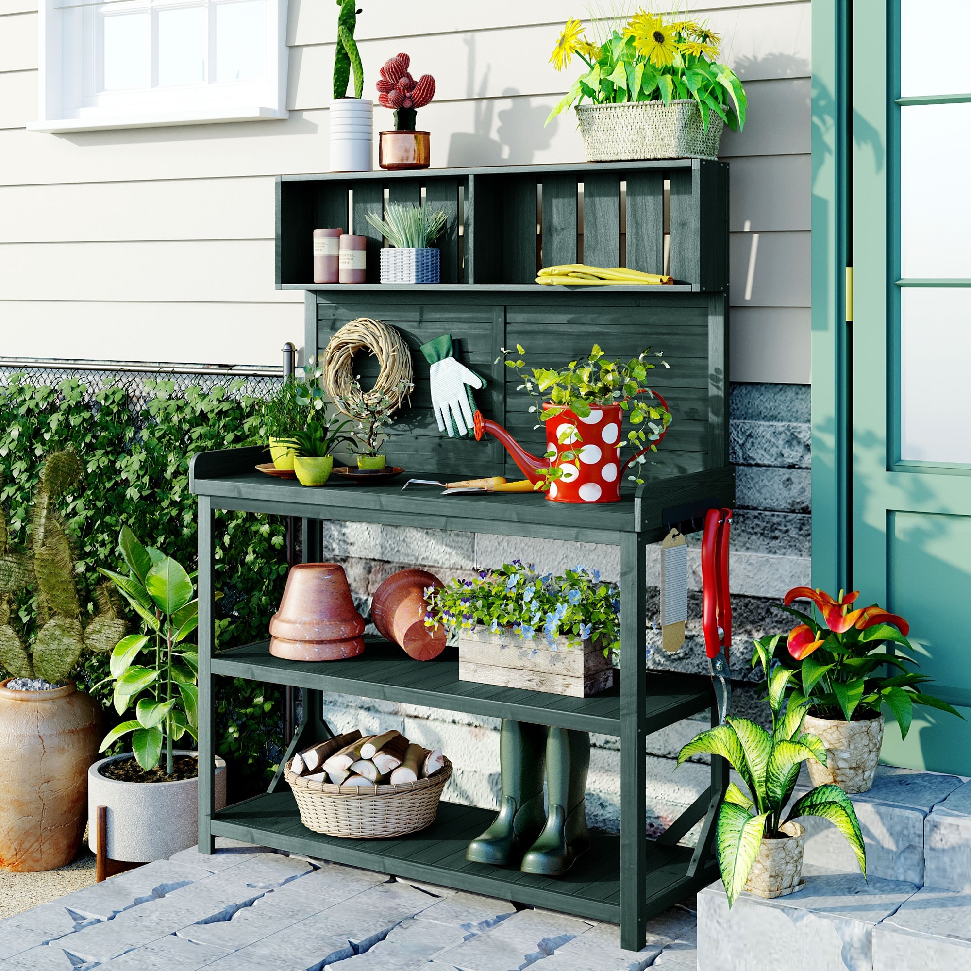 Wooden Outdoor Potting Bench, Garden Potting Table with 4 Storage Shelves, Patio Workstation with 3 Side Hooks