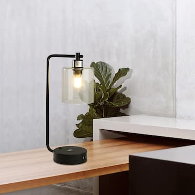 19 inch Table Lamp with Wireless Charger and Glass Shade