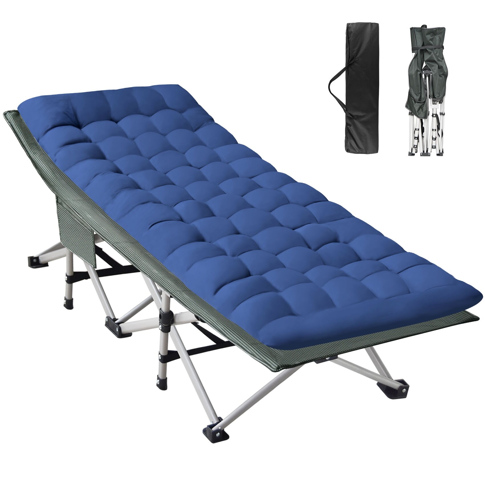 Outdoor Folding Camping Cots Chaise Lounge with Removable Cotton Mattress 500 lbs Blue