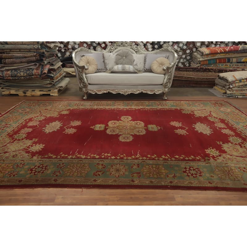 Hand Knotted Oriental 100% Wool Carpet Transitional Medallion Red Oushak Area Rug - 13' 10'' X 10' 1''