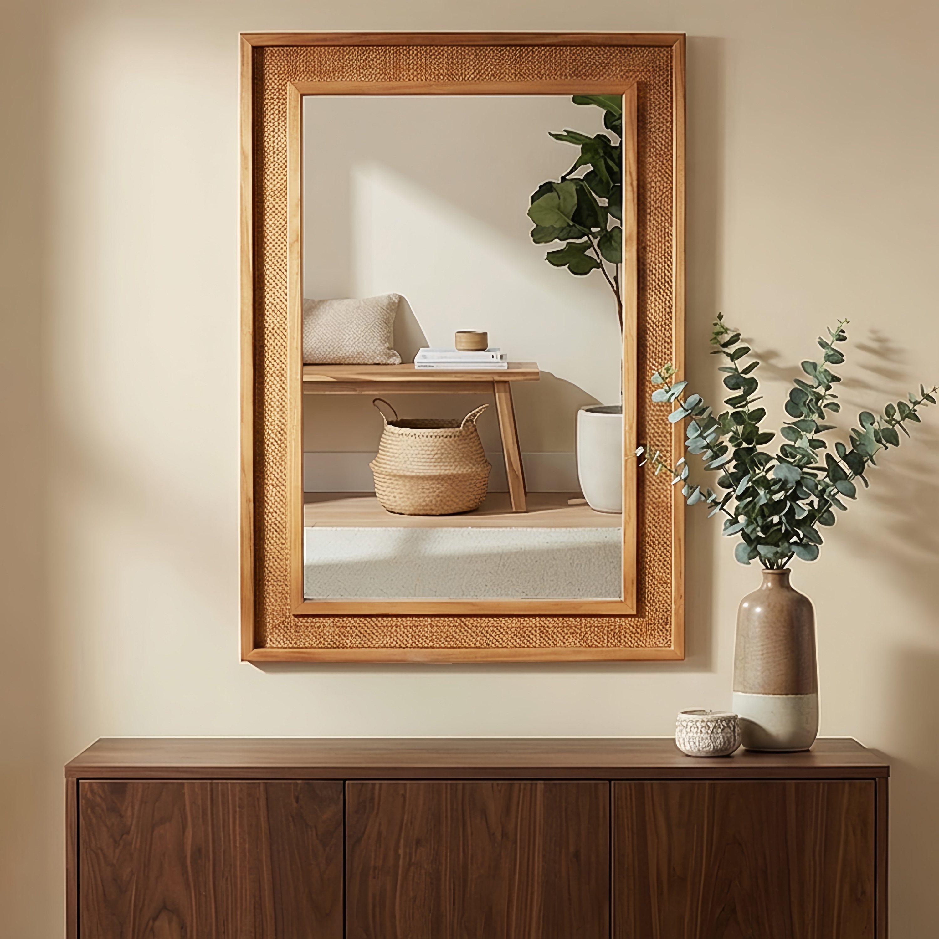 Coastal Boho Rattan Rectangle Wood Frame Wall Mirror