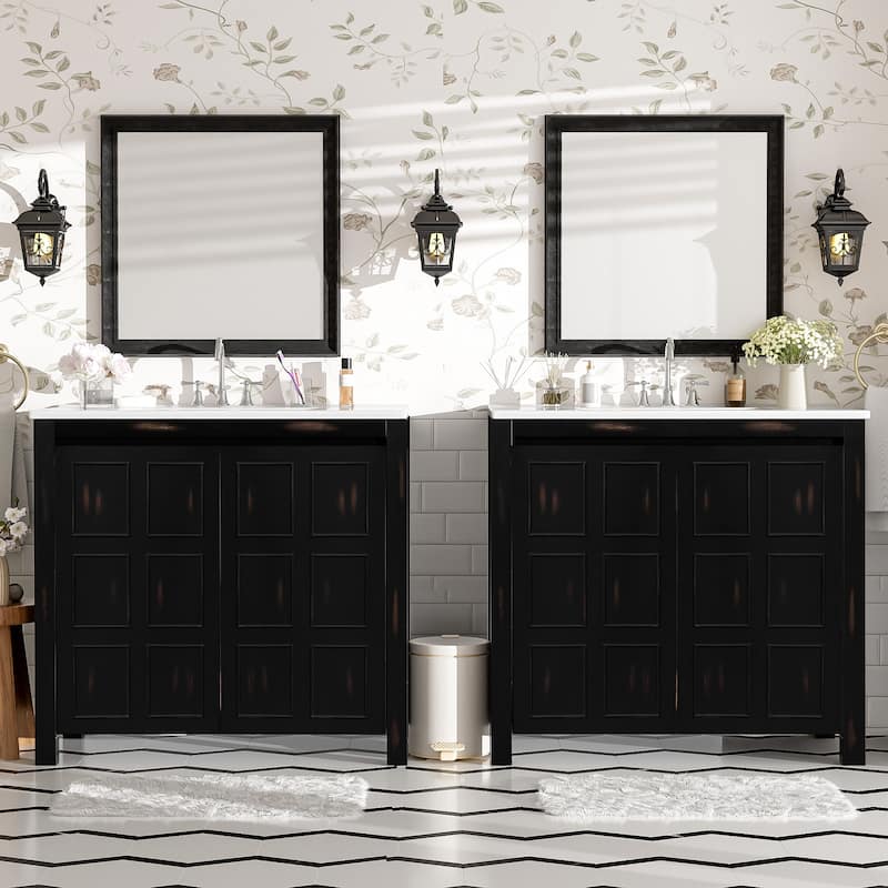 GDFStudio - Elysia Wood Bathroom Vanity with Ceramic Sink & Storage Cabinet Organizer
