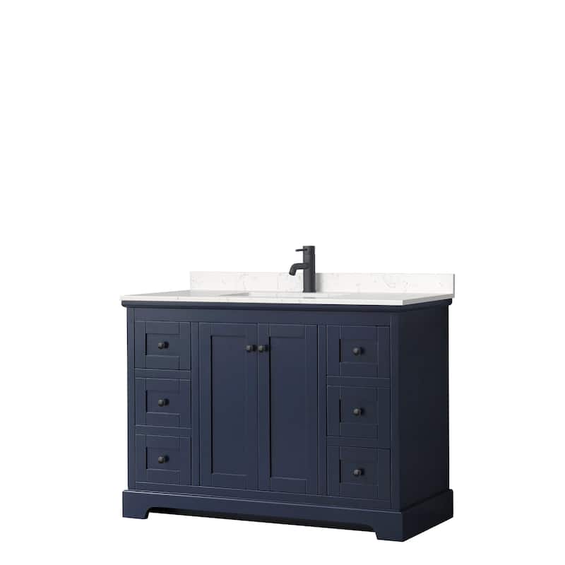 Avery 48 Inch Single Vanity, Cultured Marble Top - Dark Blue, Black Trim, Carrara Cultured Marble Top
