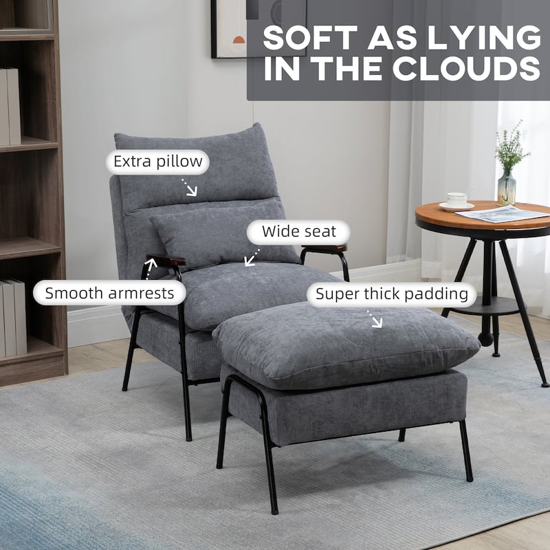 HOMCOM Accent Chair with Ottoman, Reclining Comfy Chair with Adjustable Backrest, Steel Frame and Pillow, Light Grey