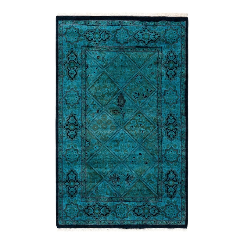 Fine Vibrance, One-of-a-Kind Handmade Runner Rug - Blue, 2' 8" x 4' 2" - 2' 8" x 4' 2"