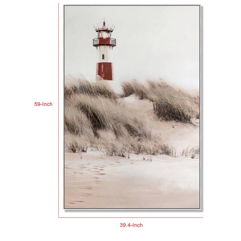 39 x 59 Hand Painted Lighthouse Atop Grassy Beach, Resin Frame, Multicolor - Brown, Red, White