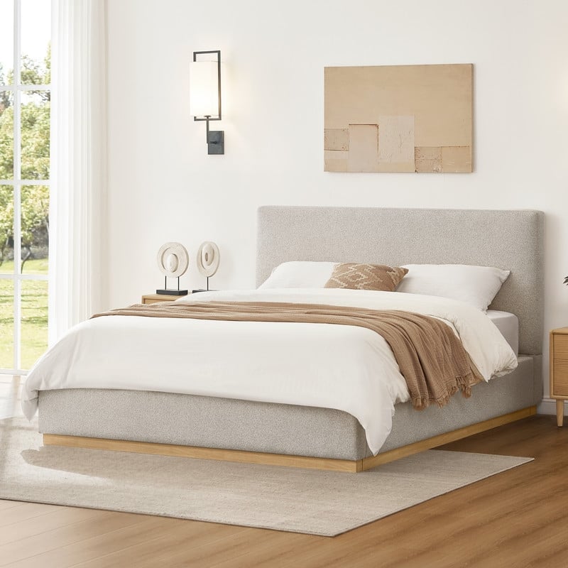 Spruce & Spring Modern Boucle Upholstered Platform Bed with Solid Wood Frame