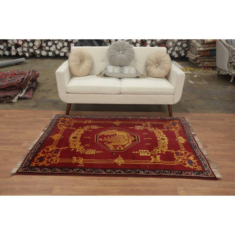 Hand Knotted Oriental 100% Wool Carpet Traditional Medallion Red Shiraz Area Rug - 5' 9'' X 4' 0''