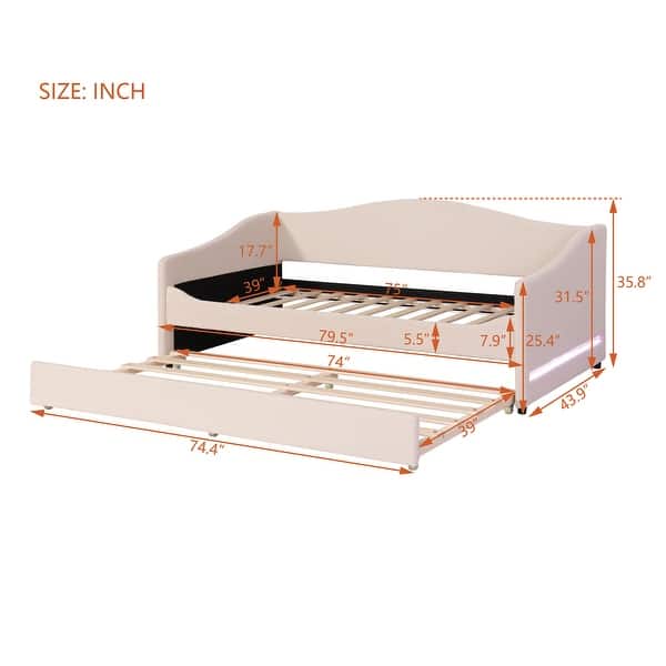 Teddy Fleece Twin Daybed Beige Sofa Bed Frame w/ Pull-out Trundle Bed