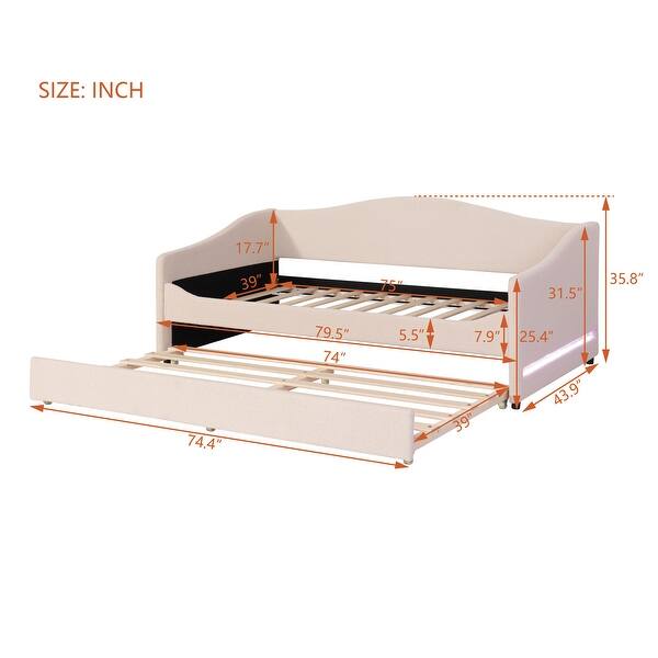dimension image slide 1 of 3, Teddy Fleece Twin Size Upholstered Daybed with Pull-out Trundle Bed and LED Light, Sofa Bed Frame for Bedroom Apartment