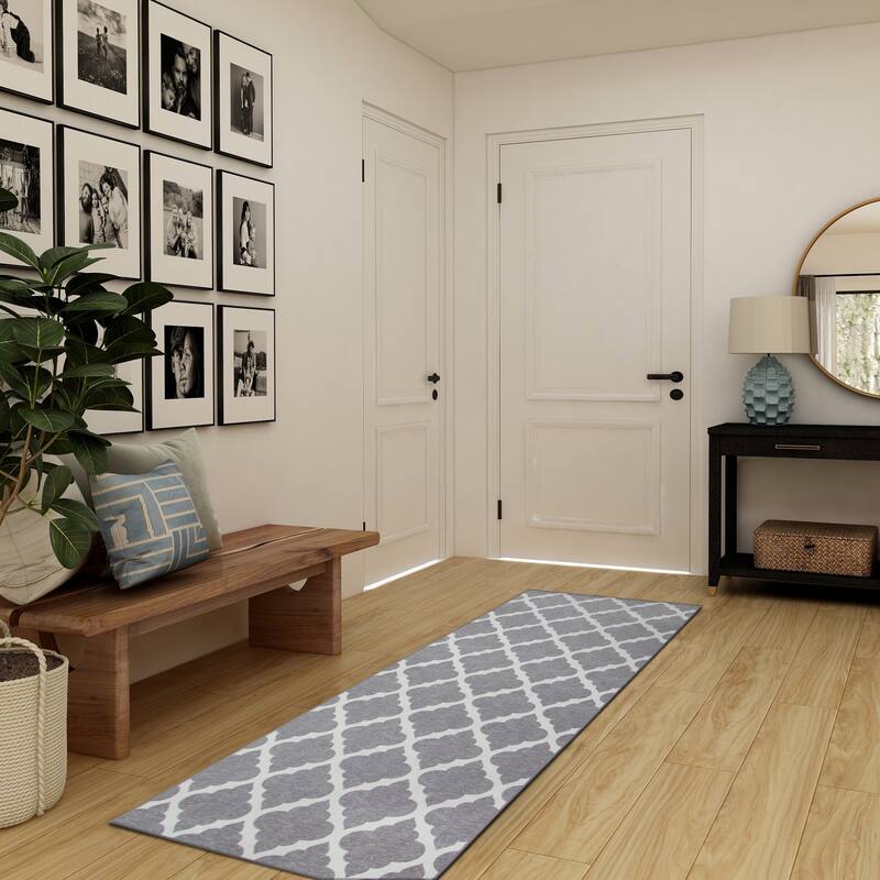 My Magic Carpet Machine Washable Area Rug Moroccan Trellis Grey