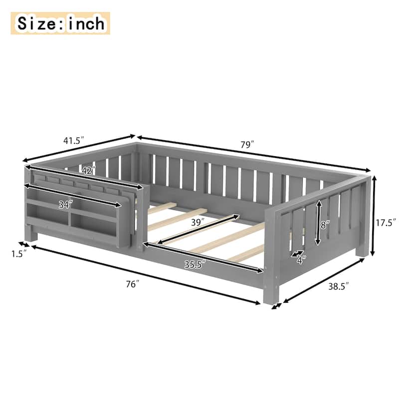 Low Profile Montessori Bed Floor Platform Bed with Fence and Bookshelf