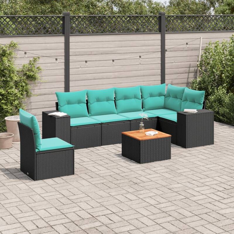 vidaXL 7 Piece Patio Sofa Set with Cushions Black Poly Rattan - 24.4 x 24.4 x 27.2 - Black-Table + corner + 3x middle