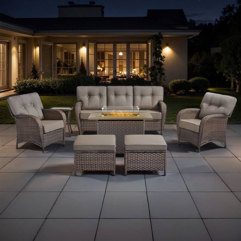 TWrap 7-Piece Wicker Patio Fire Pit Conversation Set with 3-Seat Sofa & Armchairs - Brown/Gray - Fire pit Set