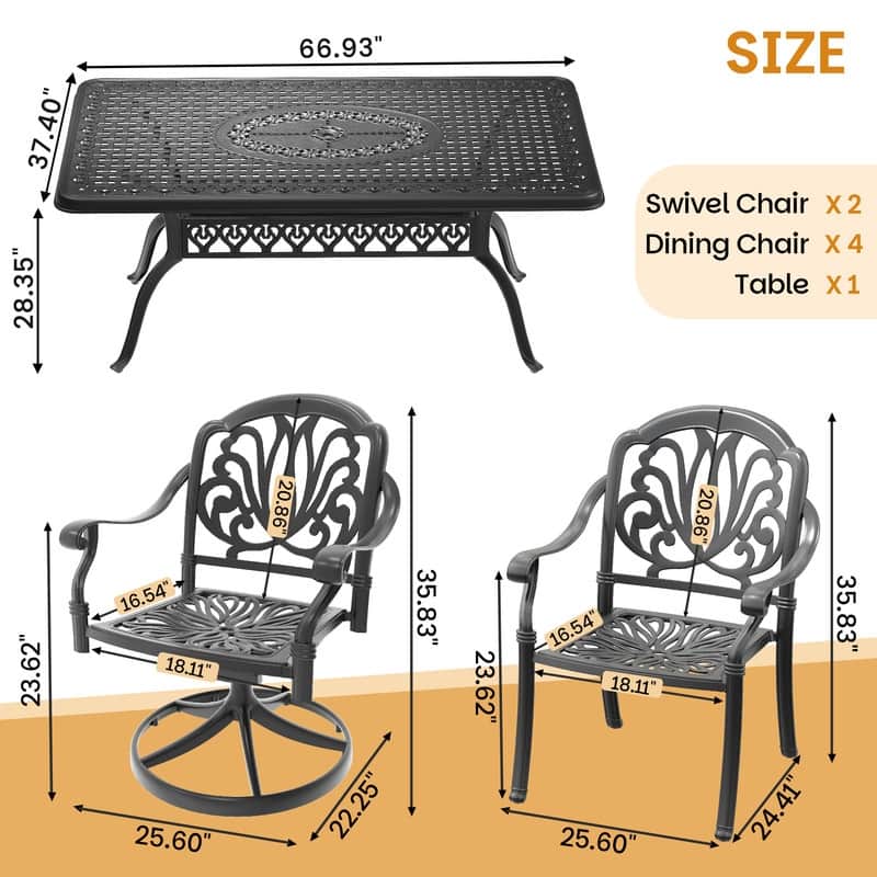 7-Piece Outdoor Dining Set with 1 Table and 6 Chairs, All-Weather Aluminum Outdoor Patio Sets