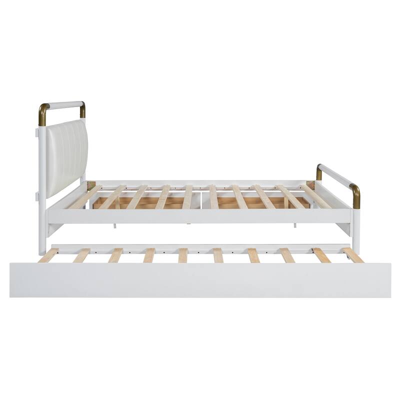 Queen Size Wooden Storage Platform Bed, with 2 Big Drawers, T-XL Size Trundle