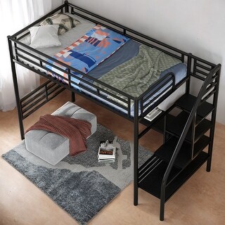 Twin Metal Loft Kids Bed Frame with Desk and Guardrails, No Box Spring Needed, Black