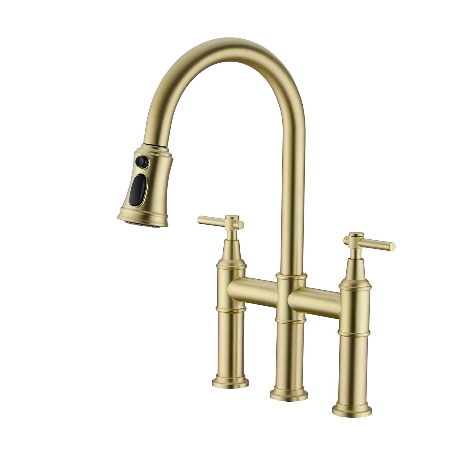 Modern Bridge Faucet With Pull-down Nozzle, Brushed Gold Kitchen Sink  Faucetï¼Œ Matte Kitchen Faucet With Pull-down