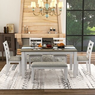 Rustic Farmhouse 6 Piece Dining Table Set w/4 Upholstered Chairs&Bench ...