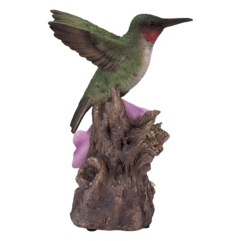 6" Green Sound Activated Singing Hummingbird on Foxglove Garden Statue