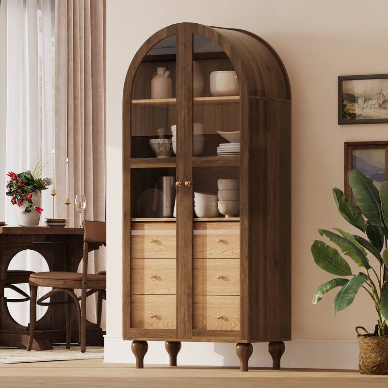 Christopher Knight Home - Farmhouse Arched Wood Kitchen Pantry Cabinet with Glass Doors & Hidden Drawers
