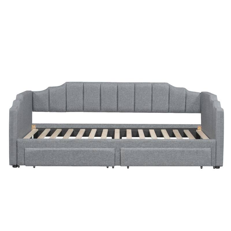 Twin XL to King Size Daybed, Extendable Upholstered Sofa Bed Frame with Two Storage Drawers and LED Light