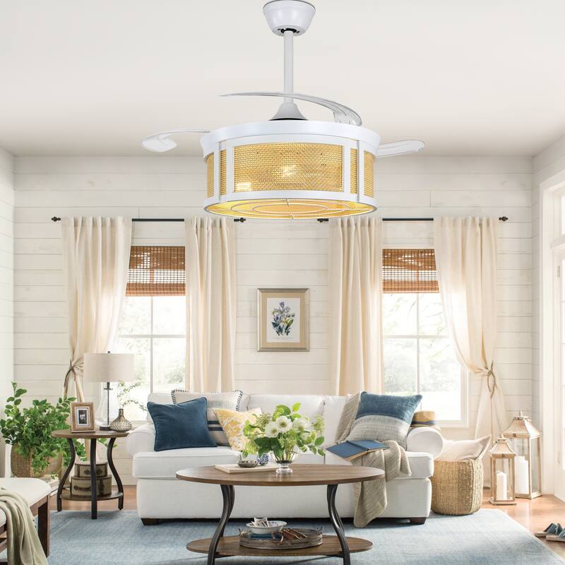 Cusp Barn 42'' Retractable Ceiling Fan with Lights and Remote, Boho Rattan Fandelier, Farmhouse Caged Chandelier Ceiling Fan