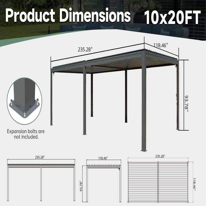 Louvered Pergola 10X20FT, Aluminum Pergola with Adjustable Roof