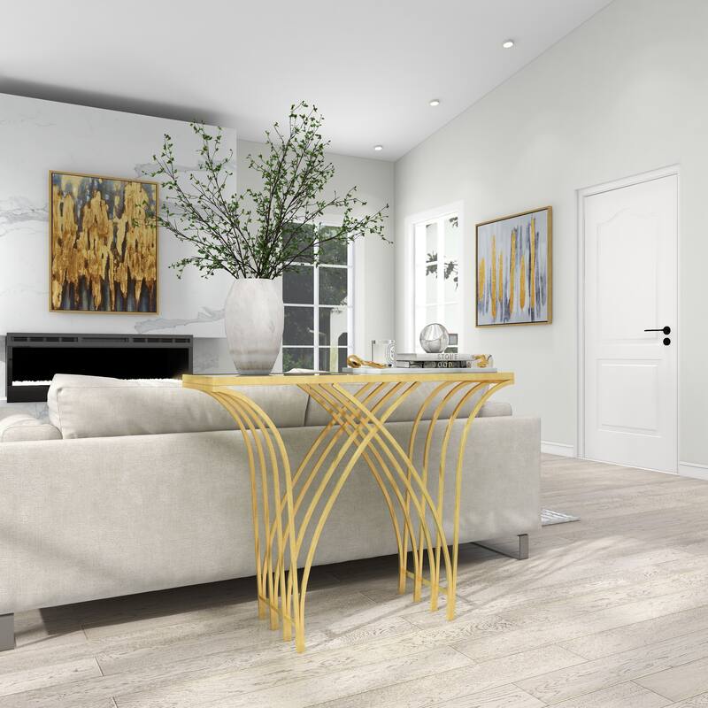 Gold Metal Geometric Console Table with Mirrored Glass Top