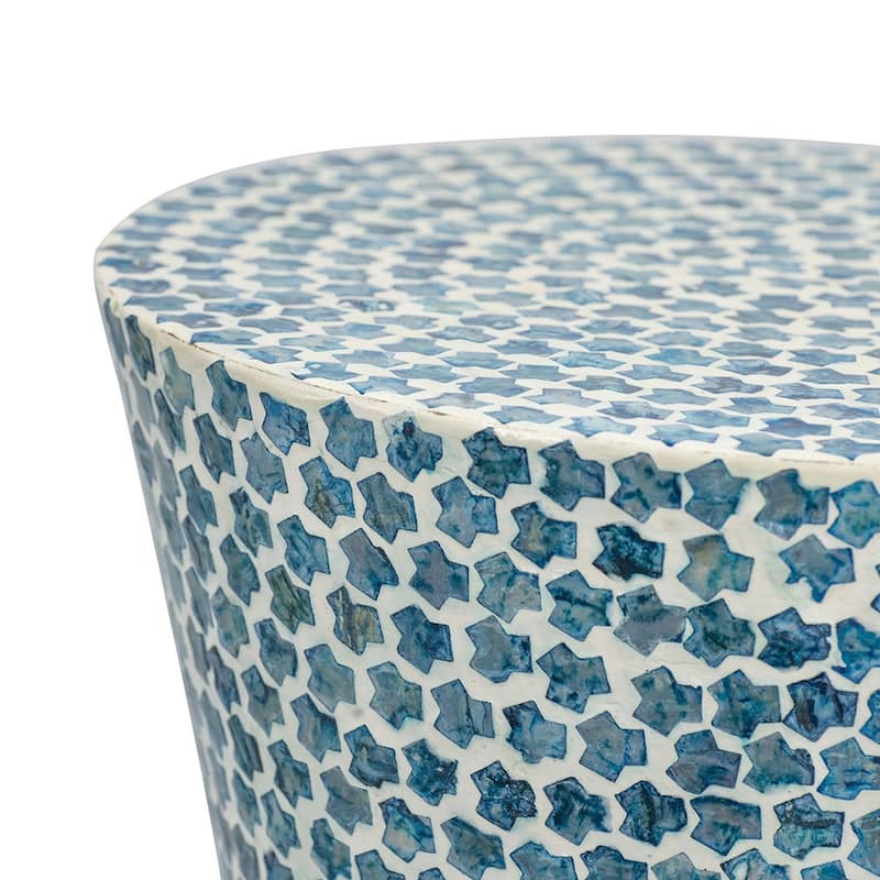Ivy 20 Inch Luxury Accent Table Stool, Mosaic Tile Pattern, White, Blue