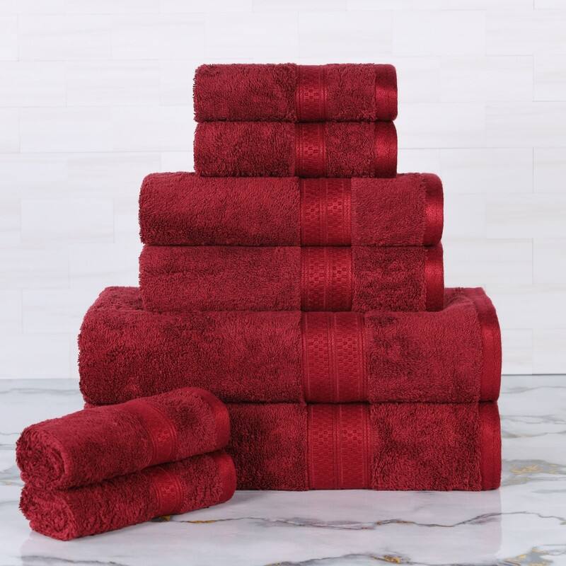 Superior 8 Piece Towel Set (2 Piece Bath Towel and 6 Piece Hand Towel), Rayon From Bamboo and Cotton - Crimson