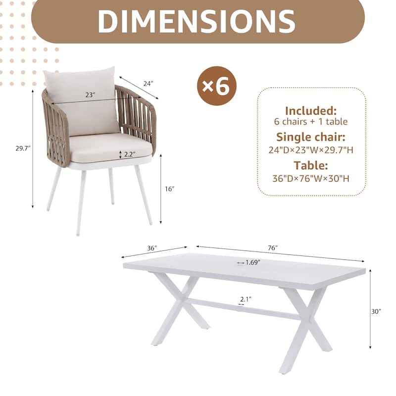 7-Piece Outdoor Dining Set Rope-Woven Arm Chairs and Dining Table with Umbrella Hole