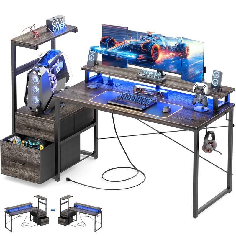 60'' Reversible Gaming Desk with Monitor Stand & Fabric Drawers，Home Office Computer Desk with RGB LED Strip & Power Outlets
