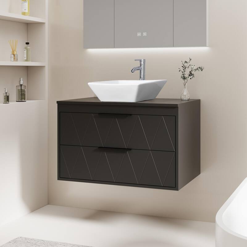 Modern Wall Mounted Bathroom Vanity Set with Vessel Sink & Faucet - black-30 in - 30-2 Ceramic square sink