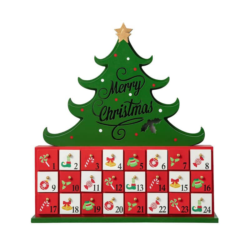 Glitzhome 15.25"H Lighted Wooden Christmas Tree Advent Calendar Decor - Multicolor