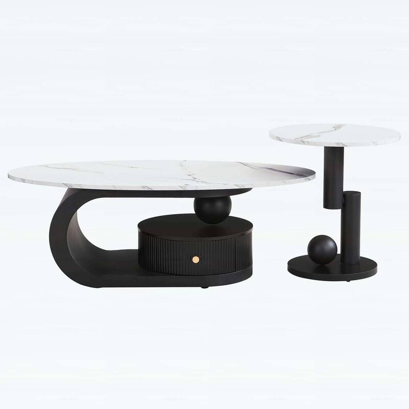 Nesting Coffee Table Set of 2,Elegant and Functional with Storage for Modern Living Rooms,Oval and Round Design